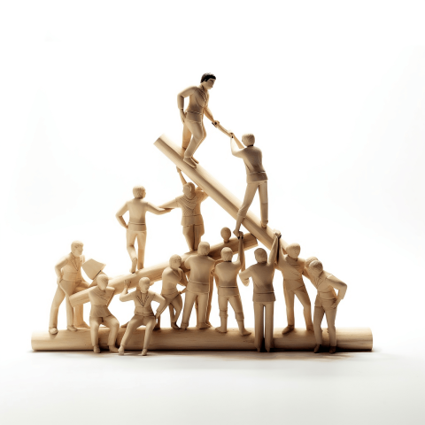 Wooden people standing atop one another working together