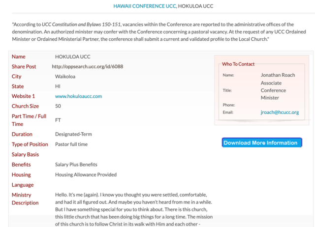Screenshot of Ministry Job Posting for United Church of Christ